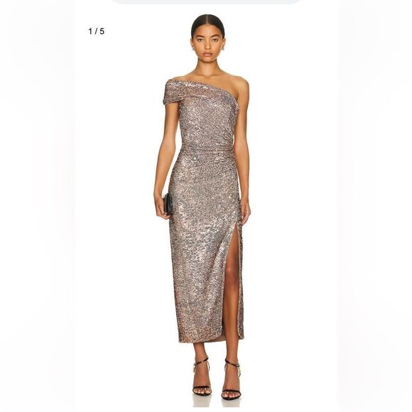 Jonathan Simkhai Zay Hammered Sequin Draped Bustier Midi Dress silver party FWRD - Picture 1 of 10